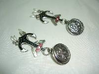 1980s Nautical Anchor Enamel Silver Clip On Earrings 