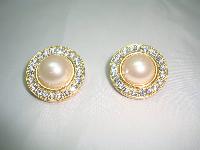 1980s Round Faux Pearl & Diamante Clip On Gold Earrings