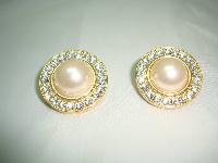 1980s Round Faux Pearl & Diamante Clip On Gold Earrings