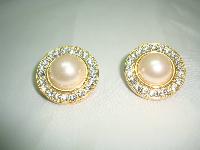 1980s Round Faux Pearl & Diamante Clip On Gold Earrings