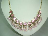 1950s FAB Pink Diamante Flower Bead Drop Gold Necklace 