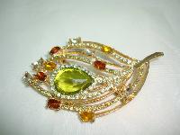 1950s Green Citrine Orange Diamante Floral Leaf Brooch 