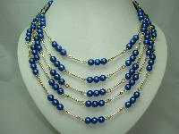 1950s 5 Row Blue Glass Pearl Bead Gold Link Necklace 