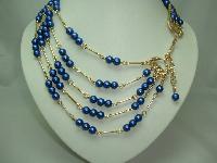 1950s 5 Row Blue Glass Pearl Bead Gold Link Necklace 