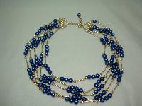 1950s 5 Row Blue Glass Pearl Bead Gold Link Necklace 