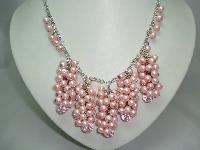 1950s Style Pink Faux Pearl Bead Cluster Drop Necklace