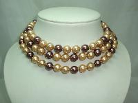 1980s Long Gold Brown  Glass Faux Pearl Bead Necklace 