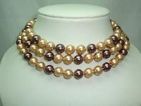1980s Long Gold Brown  Glass Faux Pearl Bead Necklace 