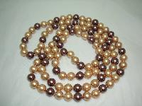 1980s Long Gold Brown  Glass Faux Pearl Bead Necklace 