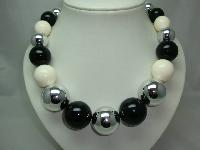1970s Style Chunky Black Silver Cream Bead Necklace WOW