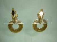 1980s Trifari Textured Hoop Drop Gold Clip On Earrings