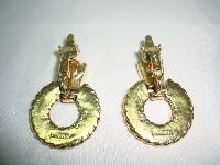 1980s Trifari Textured Hoop Drop Gold Clip On Earrings