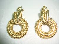 1980s Trifari Textured Hoop Drop Gold Clip On Earrings