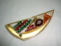 Vintage 80s Abstract Multicoloured Diamante Gold Brooch