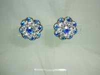 Vintage 50s Blue & Clear Diamante Flower Clip On Earrings