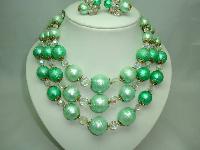 50s Signed Vendome 3 Row Green Pearl  Crystal Necklace and Earrings 