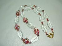 Vintage 30s Crystal & Pink Venetian Murano Glass Flowers Bead Necklace