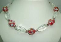 Vintage 30s Crystal & Pink Venetian Murano Glass Flowers Bead Necklace