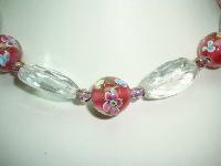 Vintage 30s Crystal & Pink Venetian Murano Glass Flowers Bead Necklace