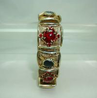 Vintage 50s Wide Gold Link Red & Black Diamante Bracelet 