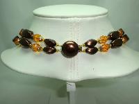 Vintage 50s 2 Row Amber Glass Faux Pearl Bead Necklace