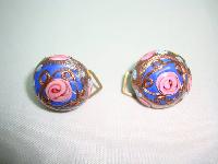 1930s Blue Pink and Gold Venetian Glass Wedding Cake Clip on Earrings