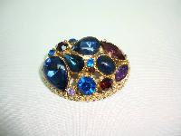 Vintage 50s Sphinx Purple & Blue Glass Diamante Domed Gold Brooch