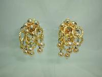 1960s Groovy Go-Go Circles & Beads Dangle Drop Clip On Gold Earrings