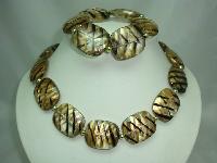 Chunky Gold Black Stripe Lucite Bead Necklace with Matching Bracelet