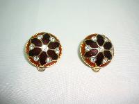 Vintage 80s Quality Domed Brown Gold Enamel Diamante Clip On Earrings