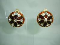 Vintage 80s Quality Domed Brown Gold Enamel Diamante Clip On Earrings