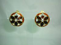 Vintage 80s Quality Domed Brown Gold Enamel Diamante Clip On Earrings
