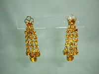 1950s Sparkling Citrine Amber Diamante Dangle Tassel Clip On Earrings