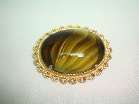 Vintage 50s Signed Sphinx Large Domed Green Agate Glass Gold Brooch 