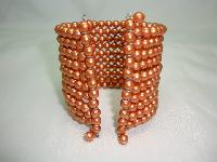 1950s Stunning Wide 10 Row Gold Faux Pearl Bead Flexible Cuff Bracelet