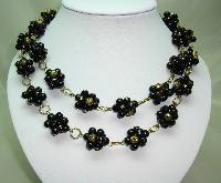 Fabulous Black and Gold Glass Bead Flower Cluster Gold Link Necklace
