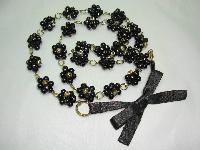 Fabulous Black and Gold Glass Bead Flower Cluster Gold Link Necklace