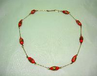 1930s Red Venetian Glass Wedding Cake Bead Rolled Gold Link Necklace