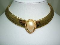 1980s Wide Flexible Faux Pearl Diamante Cleopatra Collar Gold Necklace