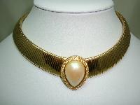 1980s Wide Flexible Faux Pearl Diamante Cleopatra Collar Gold Necklace