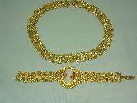 1960s Signed Majestic 22ct Gold Plate Necklace and Cameo Bracelet Set 