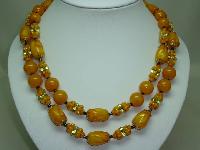 Vintage 50s Stunning 2 Row Amber & Gold Lucite Lustre Bead Necklace