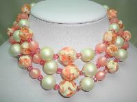 1950s Fab 3 Row Pink and White Lucite Crystal and Pearl Bead Necklace