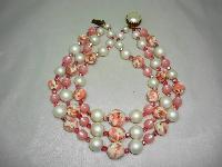 1950s Fab 3 Row Pink and White Lucite Crystal and Pearl Bead Necklace