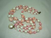 1950s Fab 3 Row Pink and White Lucite Crystal and Pearl Bead Necklace