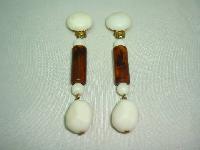 Vintage 40s Retro Cream & Amber Lucite Dangle Drop Clip On Earrings