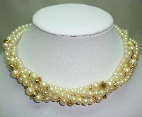 1980s Glass Faux Pearl Bead Gold Torsade Twist Necklace Made in Italy