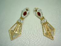 Signed Swarovski Red and Clear Crystal Dangle Gold Clip On Earrings 