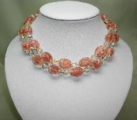 1930s 2 Row Pink and Clear Swirl Art Glass AB Crystal Bead Necklace 