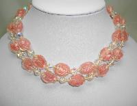 1930s 2 Row Pink and Clear Swirl Art Glass AB Crystal Bead Necklace 